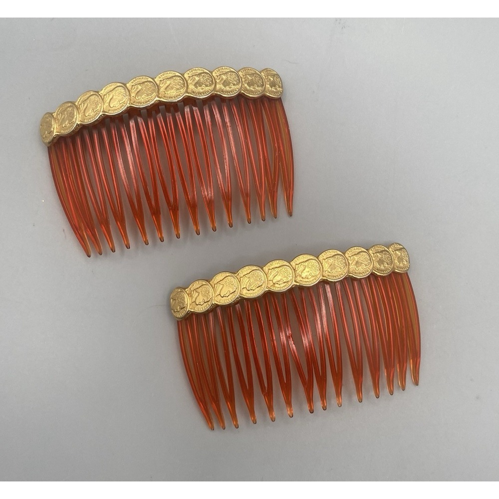 Vintage Plastic Hair Combs Gold Tone Metal Roman Coins Made in USA 2pcs - Picture 1 of 7